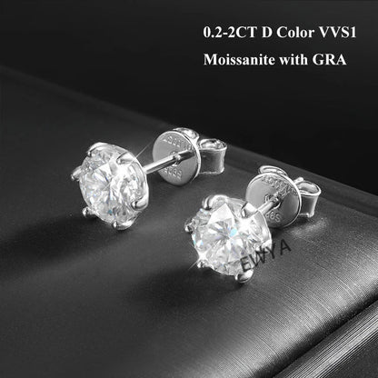 925 Sterling Silver 0.2-2ct D VVS1 6 Prong Diamond with GRA Moissanite Screw Stud Earrings For Women Wedding Fine Jewelry