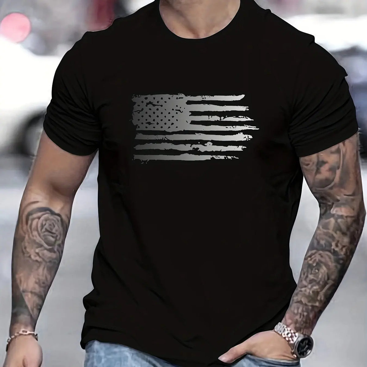 Men's summer 100 cotton fashionable casual loose plus size American flag printed sports round neck short sleeved T-shirt top