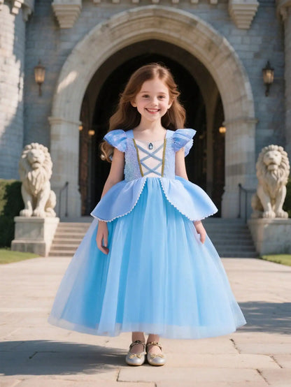 Summer Kids Cinderalla Princess Cosplay Costume Clothes Girls Sequins Dress with Crown Gloves Birthday Party Ball Gown 2-10 Y