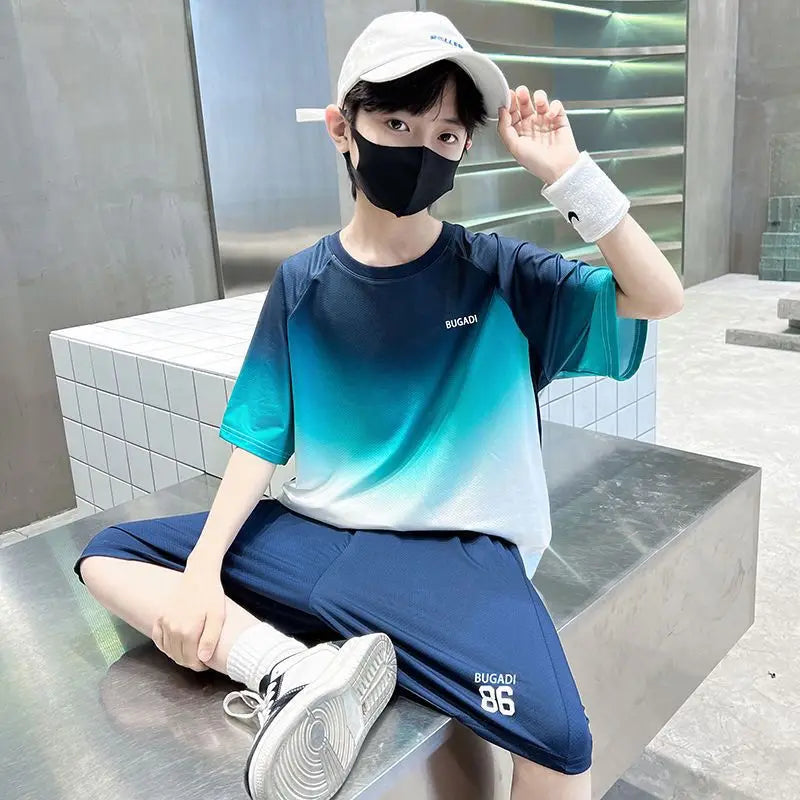 Summer Boys Gradient Quick-dry T-Shirt Top+Shorts Pant Sportswear Set School Kids 2PCS Tracksuit Children Jersey Outfit 5-16 Yr