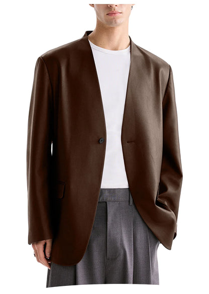 Luxury Men's PU Leather Blazer Collarless Jacket Loose 1 Button Elegant Solid Color Coat for Party Wedding Office Daily Wear