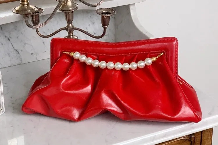 Fashion Folds Women Clutches Pearl Chain Design Lady Handbag Python Banquet Envelope Evening Bag Ladies Clutch Purses Bolsas