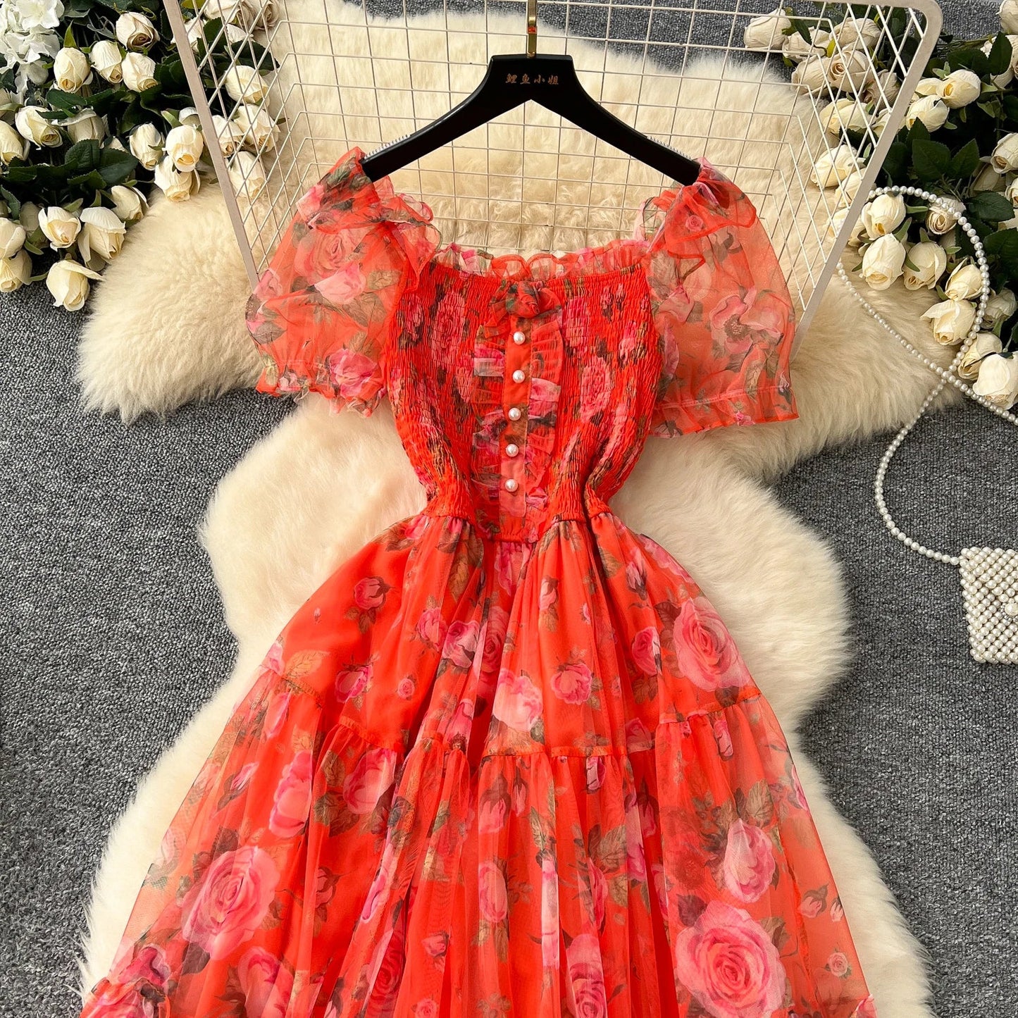 Retro Floral Chiffon Dr Women's Waist Cinched Bubble Sve Me Skirt Tea Break Gentle Soft Sle Korean High Waist A-Lin...