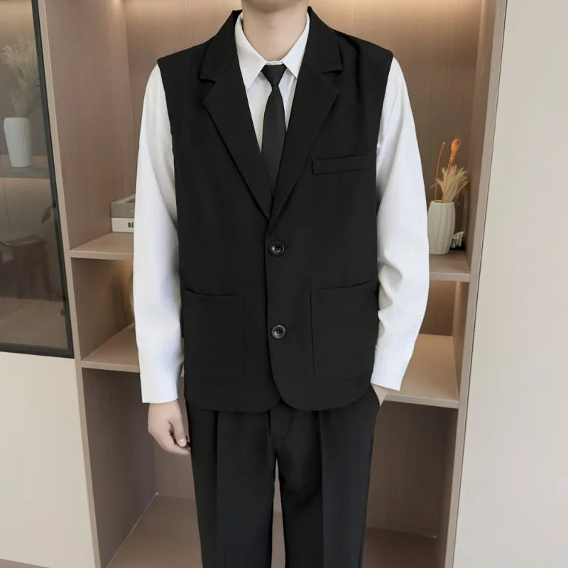 Summer Suit Vest Turn Down Collar Single-breasted Male Waist Sleeveless Pocket Versatile Business Casual Man Coat