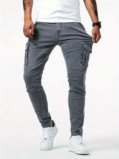 Street Elastic Jeans Men Denim Cargo Pants Wash Solid Color Multi Pockets Casual Mid Waist Trousers Slim Fit Daily Wear Joggers