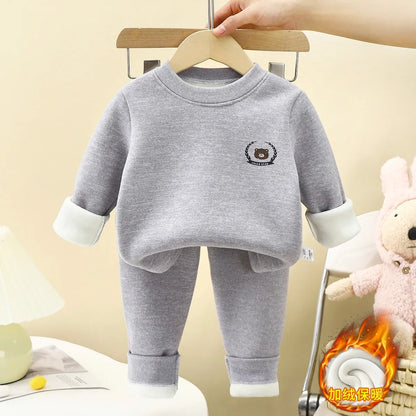 New Children's Warm Underwear Set Boys and Girls Winter Cartoon Plus Velvet Thick Round Neck Sleepwear 2PCS Set