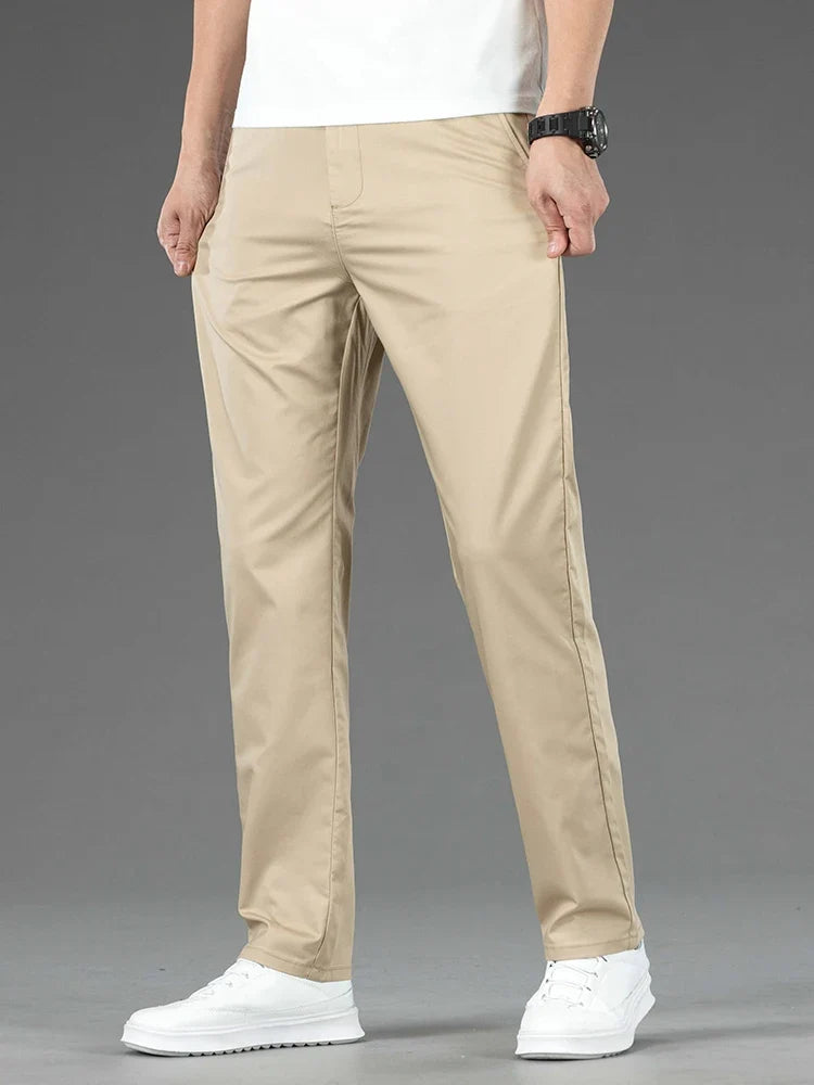 Spring Summer New Men's Casual Pants Thin Mulberry Silk Soft Business Casual Trousers Slim Straight Elastic Suit Pants Male