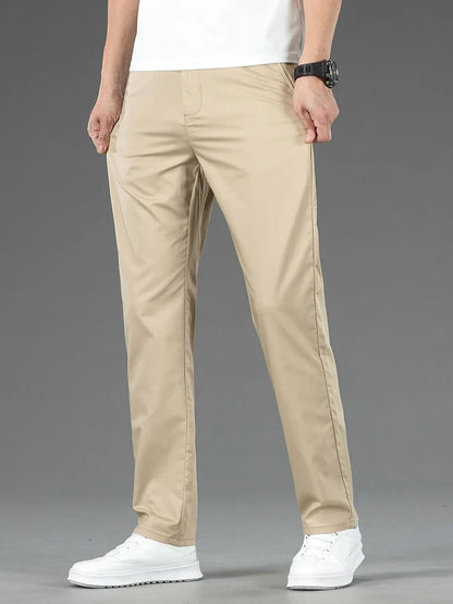 Spring Summer New Men's Casual Pants Thin Mulberry Silk Soft Business Casual Trousers Slim Straight Elastic Suit Pants Male