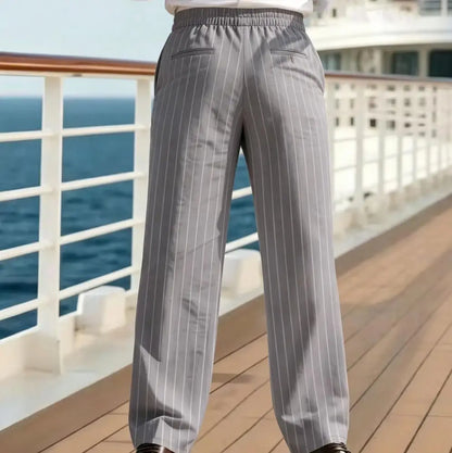 Men's Pinstripe Pants Linen Trousers  Solid Color Loose Fit Half Elastic Waist Straight Leg Breathable Soft For Summer Beach