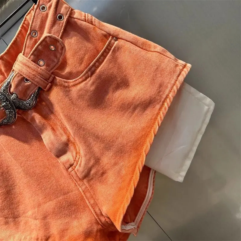 2025 Autumn New Orange Denim Shorts High Waist Pockets Sexy Hot Pants Jean Shorts