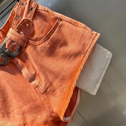 2025 Autumn New Orange Denim Shorts High Waist Pockets Sexy Hot Pants Jean Shorts