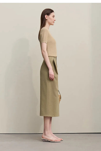 Women's Skirt 2026 Summer New Office Slit H-Line Midi Straight Casual Skirt Asymmetric Pleated Ladies Clothes 12642058