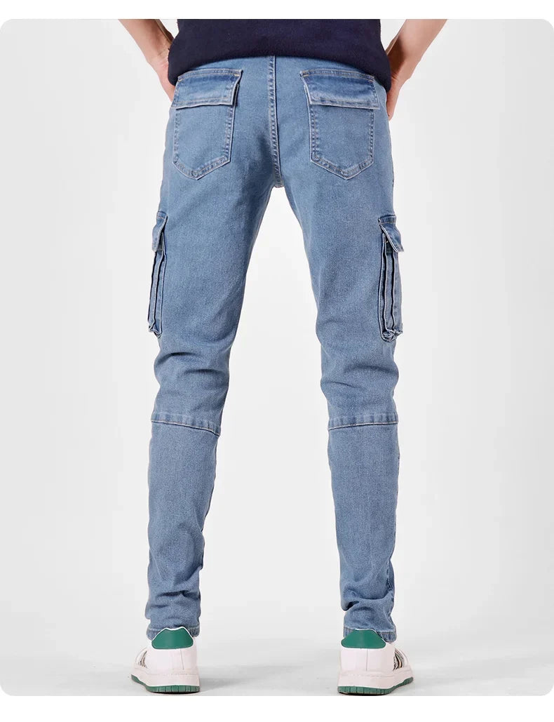 Men's Street Style Elastic Waist Denim Cargo Pants Solid Color Washed Slim Fit Casual Jeans with Multiple Pockets for Daily Wear