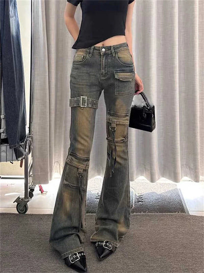 2025 Autumn Winter Women's Denim Pants High Waist Cargo Jean Goblin Core Kpop Bell Bottom Japanese Y2k Stretch 2000s Jeans Gyaru