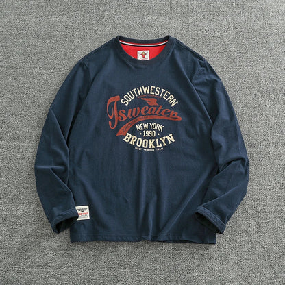Autumn New American Retro Long-sleeved O-neck Letter Printed T-shirt Men's Fashion Simple 100% Cotton Washed Casual Sport Tops