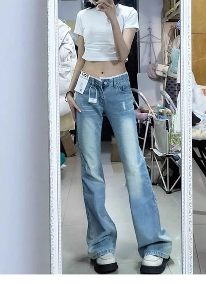 plus Size High Waist Blue Denim Jeans Women's Straight Leg Bootcut Pants Spring Summer Faion Retro American Sle