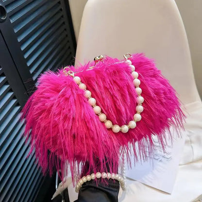 Luxury Faux Fur Evening Bag Pearl Chain Trendy Long Tassel Plush Shoulder Bag Large Capacity Tote Wedding Handbag XA48ZZ