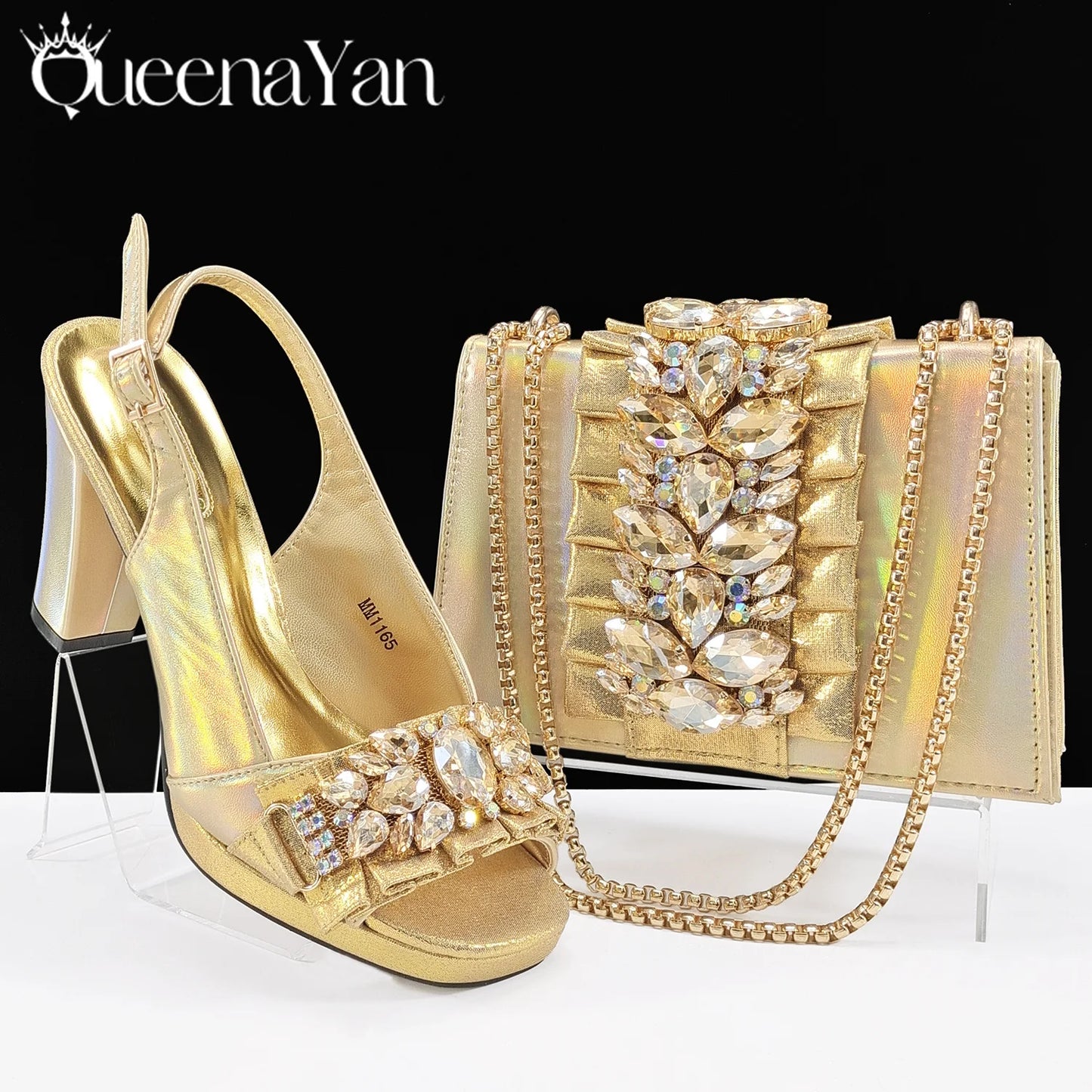 Spot goods Elegant Women Heels Shoes and Bag Set Decoration Rhinestones Women High Heels Shoes OL Bag And Shies