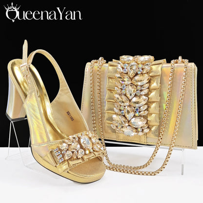 Spot goods INS Gold Color Elegant Women Heels Shoes and Bag Set Decoration Rhinestones Women High Heels Shoes