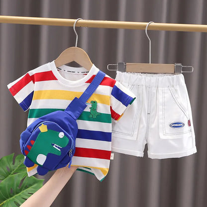 Summer Baby Boys Clothes Set Children Striped Cartoon T-Shirt Pants Bag 3Pcs/Sets Kids Girls Clothing Infant Costume Traksuits
