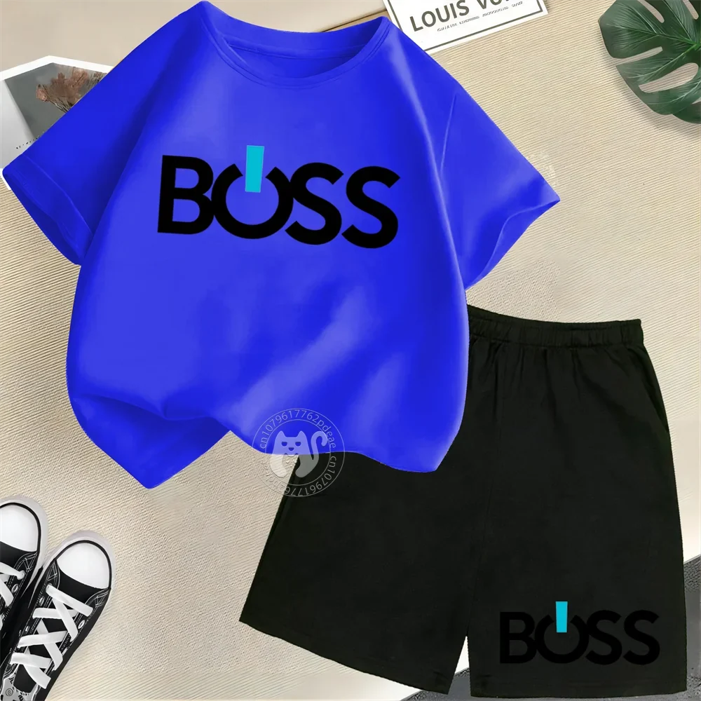 Simple letter BOSS Print Teen boys Girls street casual suit top Kids Summer  Short sleeve T-shirt + Shorts
