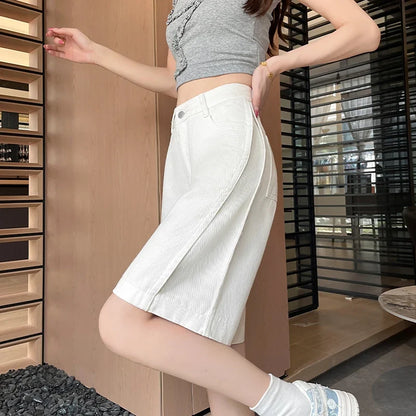 Women's 2026 Summer White Five-Point Denim Shorts Korean Y2K High Waist Loose Slimming Stretch Straight Leg Jeans