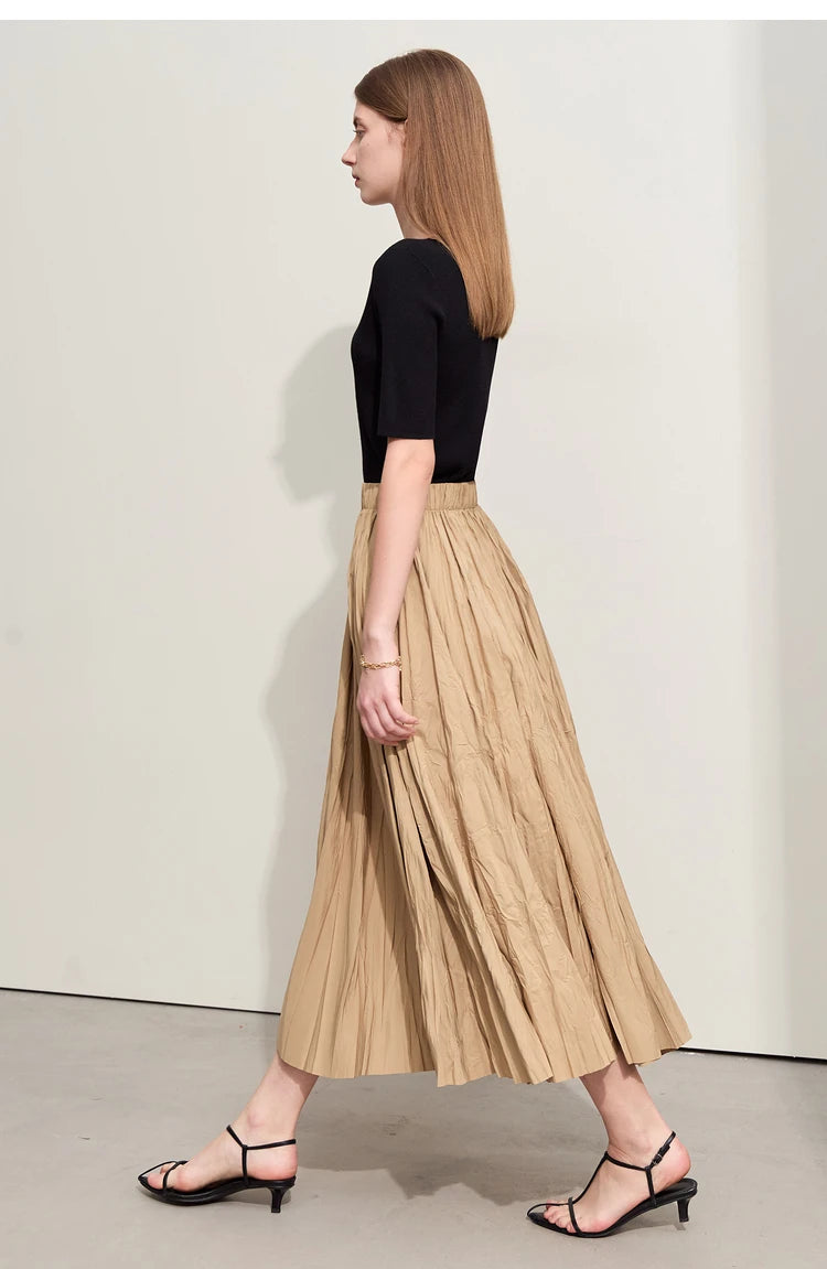 Minimalism Pleated A-Line Skirts Women 2024 Summer New Baiscs Rubber Band Waist Irregular Loose Large Hem Skirt 12442081