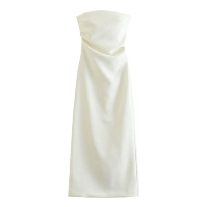 Women Fashion Summer New Sexy Split Back Zip Pleated Sleeveless Strapless Dress Chic Female French Elegant Evening