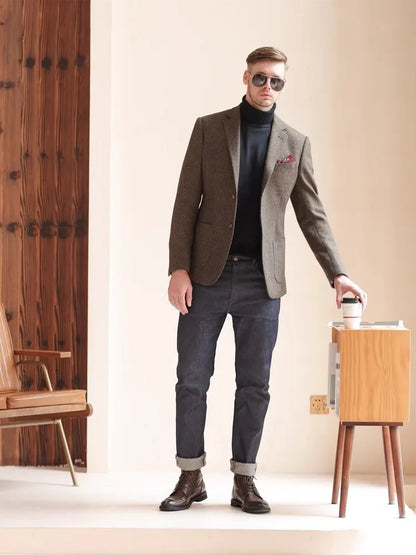 Autumn and Winter Thickeneded Retro Coarse Woolen Suit Business Casual British Style Herringbone Pattern Suit Jacket for Men