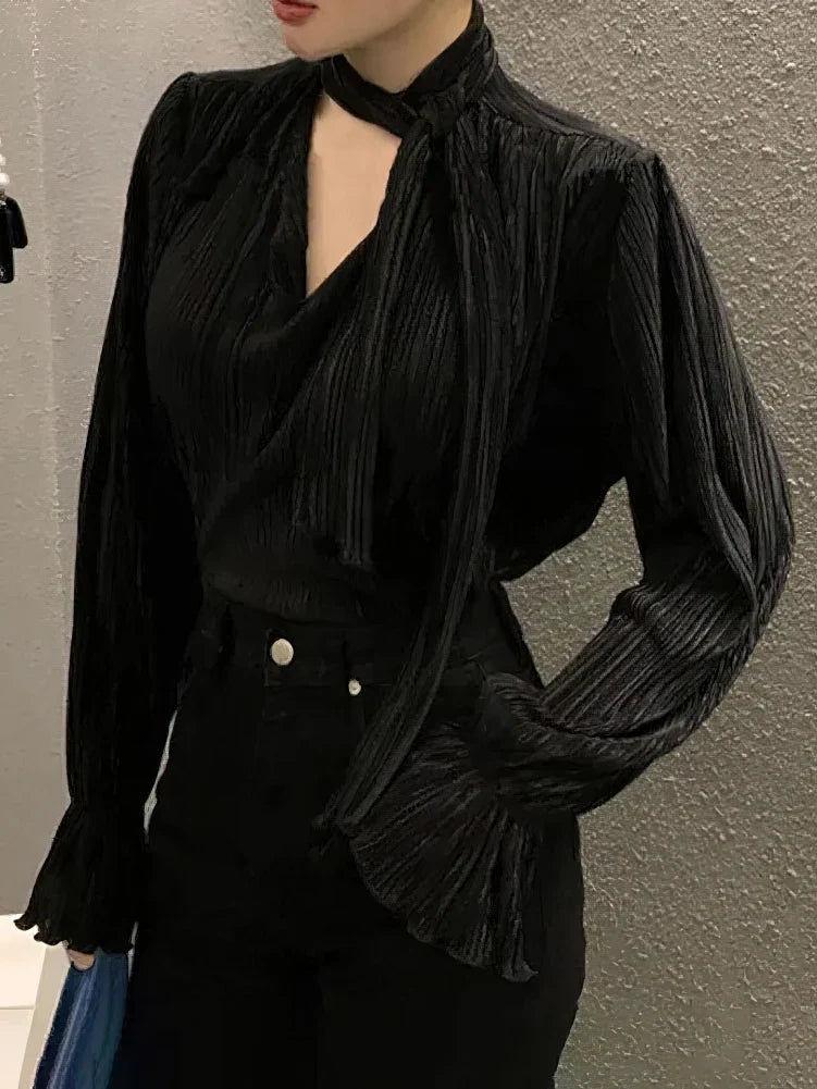 Pleated Elegant Long sleeve Blouse With Ties Women Luxury Ruffle V neck Basic Top Casual Oversize Lady Office Wear Korean Chic