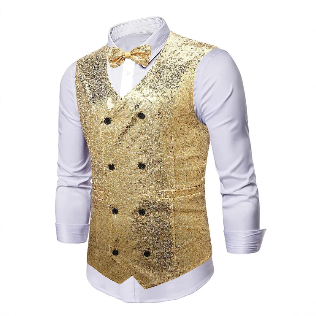 2026 New Black Men's Shiny Sequin Suit Collar Sleeveless Vest, Wedding/Party/Stage Performance, Gold or Silver Optional