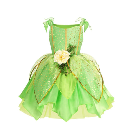 Child Girl Bell Costume Halloween Costume for Kids Green Dress Fancy Fairy Princess Cosplay Carnival Party Ball Gowns with Wing