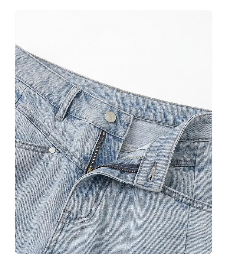 Fashion Women Shorts Mid-length Blue New Dividing Line Design Retro Washed Cotton Straight Leg Short Jeans Summer 2026