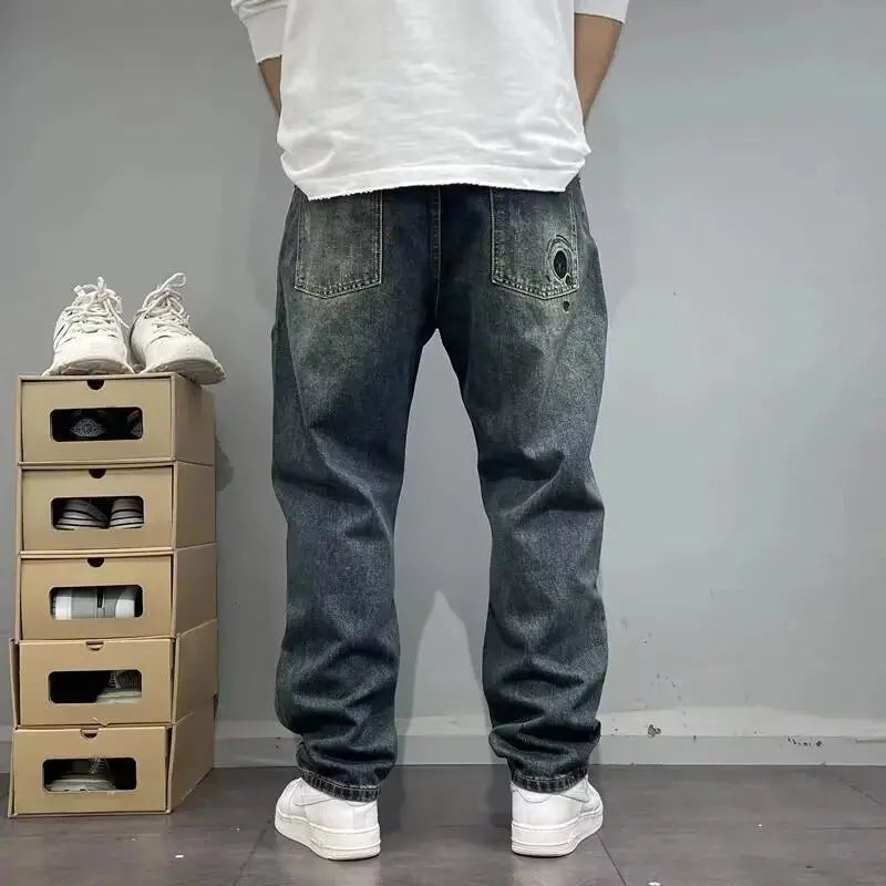Four Seasons New Fashion Men's American High Street Hole Patched Loose Wide Leg Jeans Pants Vintage Washed Denim Trousers Male