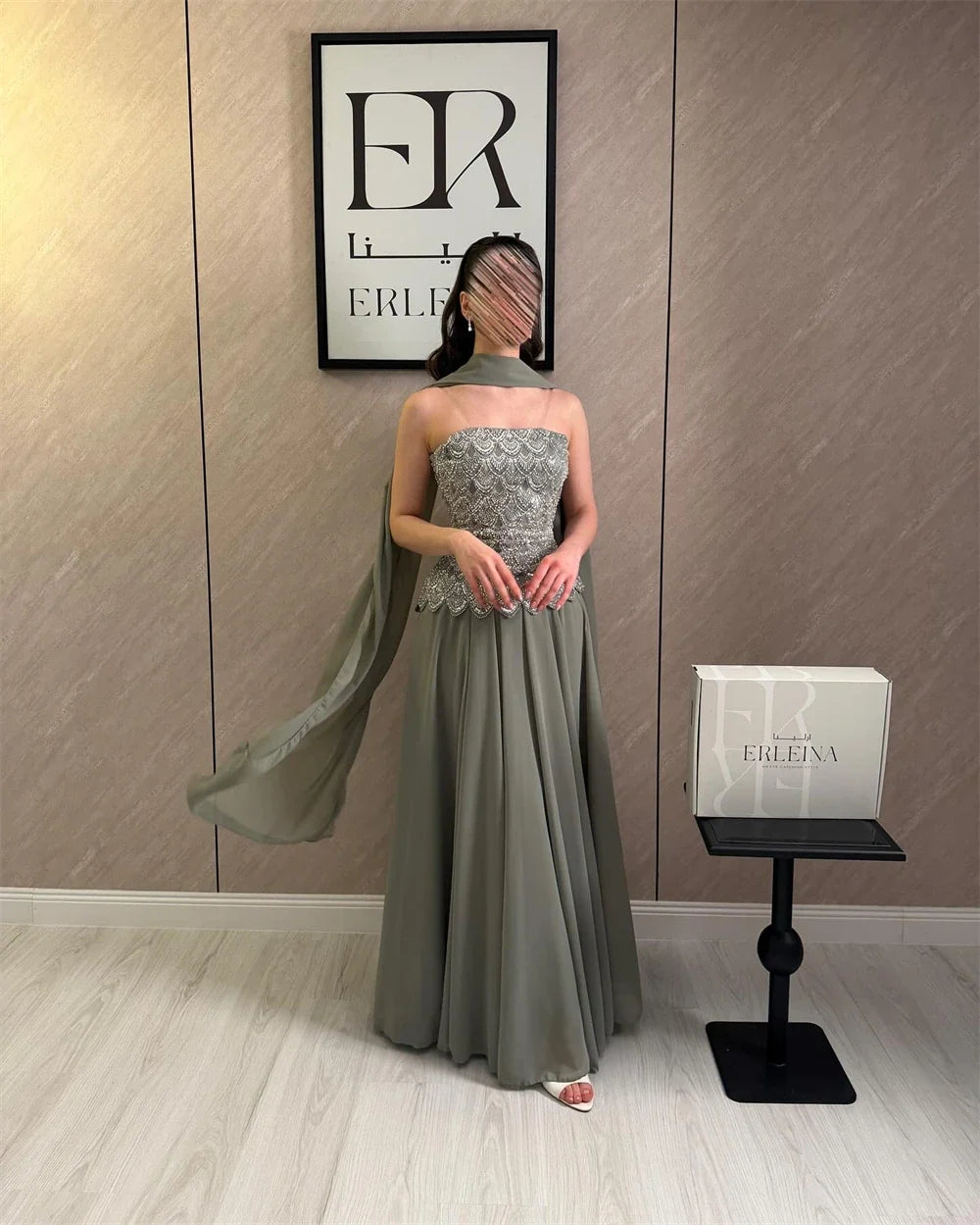 Custom Classic Evening Dress Strapless Beaded Bodice Robes De Soirée Sage Cape Shawl Bridesmaid Dress Maxi Floor Length