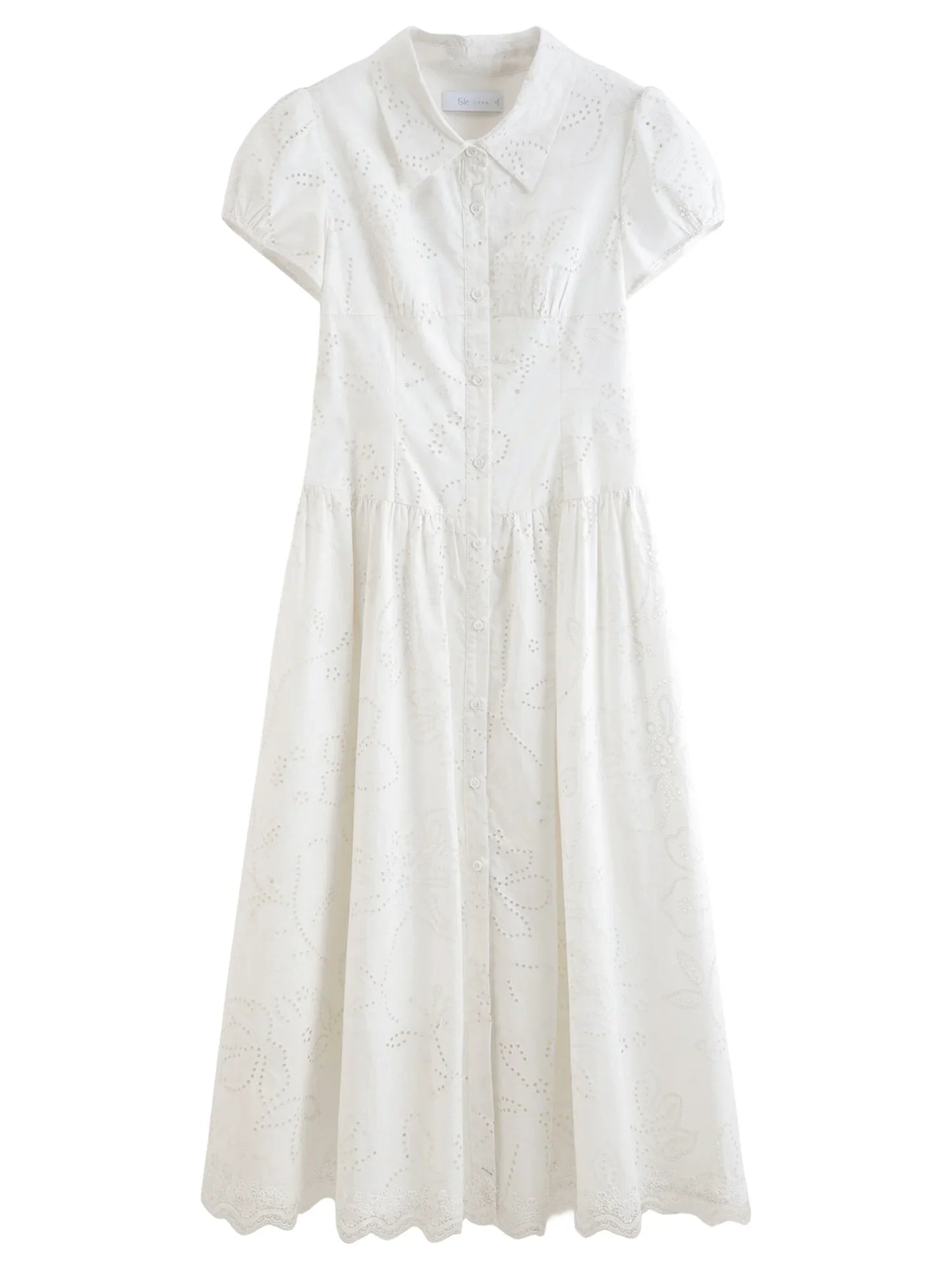 Women's Light French Style Cotton Lapel Hollow-out Print Waist-Fitted Short Sleeve Shirt Dress 2026 Summer New Arrival