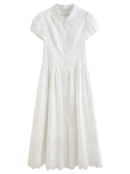 Women's Light French Style Cotton Lapel Hollow-out Print Waist-Fitted Short Sleeve Shirt Dress 2026 Summer New Arrival