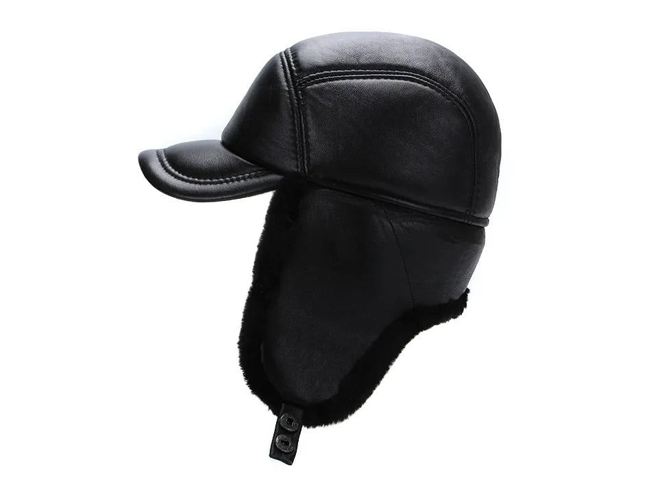 Winter Hat Men Genuine Leather Sheepskin Bomber Hat Earflap Black Warm Thick Ski Snow Windproof Male Russian Hat