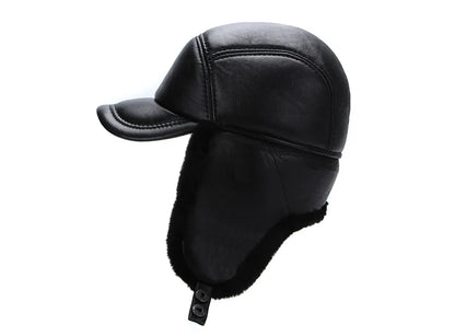 Winter Hat Men Genuine Leather Sheepskin Bomber Hat Earflap Black Warm Thick Ski Snow Windproof Male Russian Hat