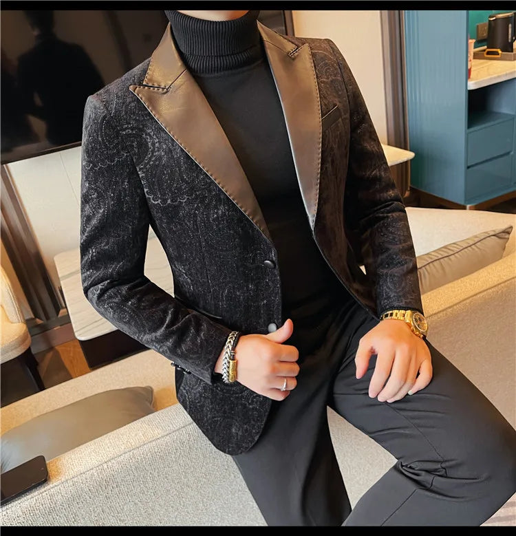 2025 Fashion Leather Neck Spliced Suit Jacket Luxury Men's Business Slim Fit Social Formal Blazers Coats Wedding Groom Tuxedos