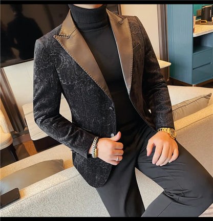2025 Fashion Leather Neck Spliced Suit Jacket Luxury Men's Business Slim Fit Social Formal Blazers Coats Wedding Groom Tuxedos