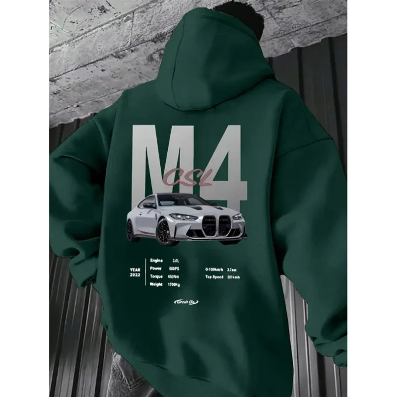 Popular digital pattern men's hooded sweatshirt with car-themed design, American-style casual sports long-sleeved shirt