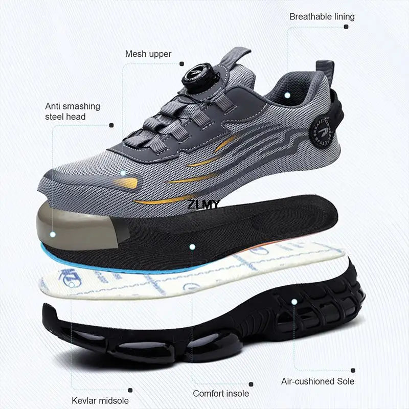 Rotary Button Safety Shoes Men Steel Toe Sneakers Puncture Proof Work Safety Boots Air Cushion Sport Work Shoes Anti-smash Boots