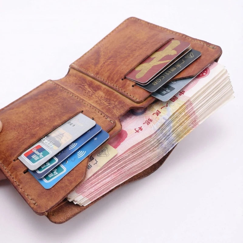 Ultra-Durable Men's Leather Short Wallet, Scratch-Resistant Hand-Rubbed Top Grain Leather Card Holder, Minimalist Travel Wallet