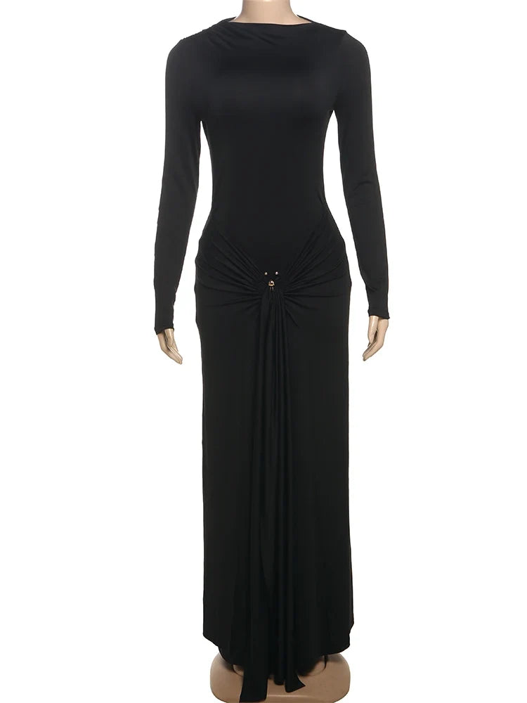 Ruched Elegant Maxi Dress Women Daily Casual Fashion Skinny Full Sleeve Solid Gown Midnight Prom Party Long Bodycon