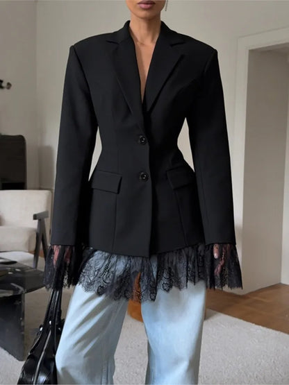 Elegant Lace Blazer Coat Women Fashion Office Lady Full Sleeve Single Breasted Jackets 2025 New Autumn Black Casual Slim Coats