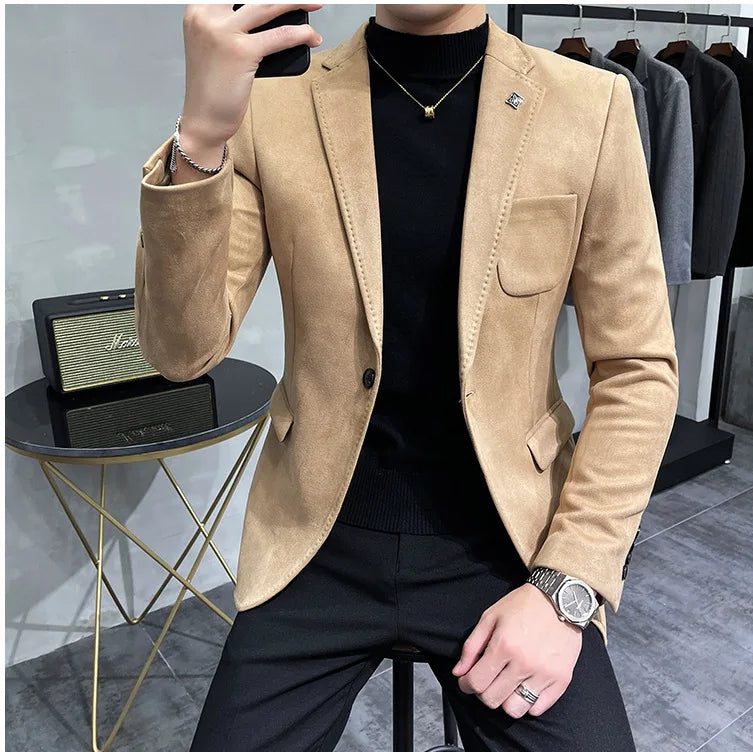 Men's Deerskin Fleece Suit Jacket 2025 Spring New High Quality Single Button Slim Fit Business Casual Suit Coat  Men Clothing