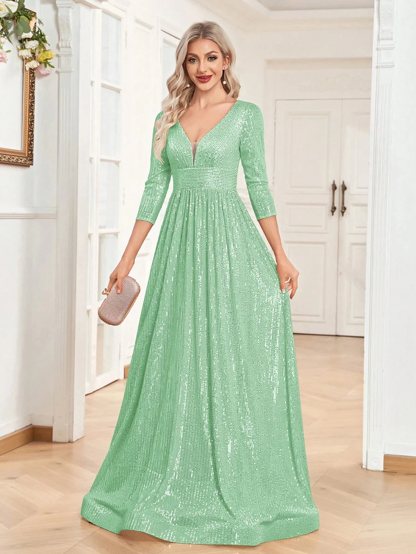 Luxury V Neck Long Sleeves Blue Sequins Formal Evening Dress Women 2025 Wedding Party Prom Maxi Cocktail Dress Gowns