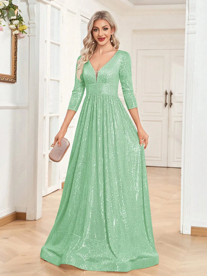 Luxury V Neck Long Sleeves Blue Sequins Formal Evening Dress Women 2025 Wedding Party Prom Maxi Cocktail Dress Gowns