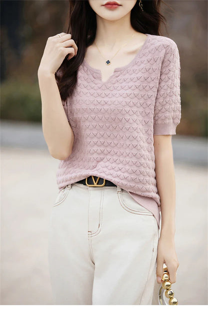 Women's T-shirt Summer New 100% Pure Cotton Tees Casual Solid Knitted Short sleeved V-neck Pullover Loose Tops Fashion Sweater